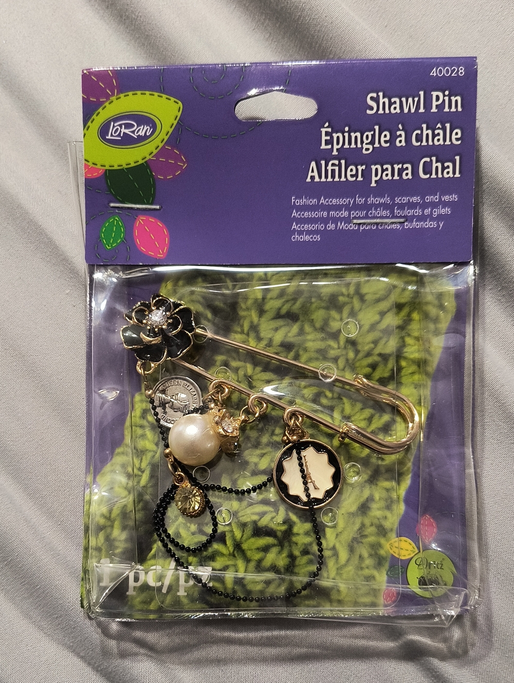 Gold Shawl Pin with Black Accents & Pearl Charm